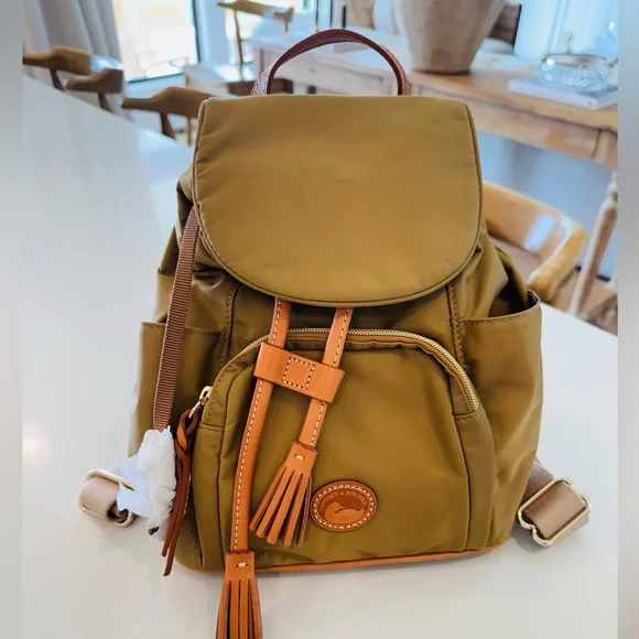 Dooney & Bourke nylon khaki backpack with leather trim NEW - Picture 1 of 10